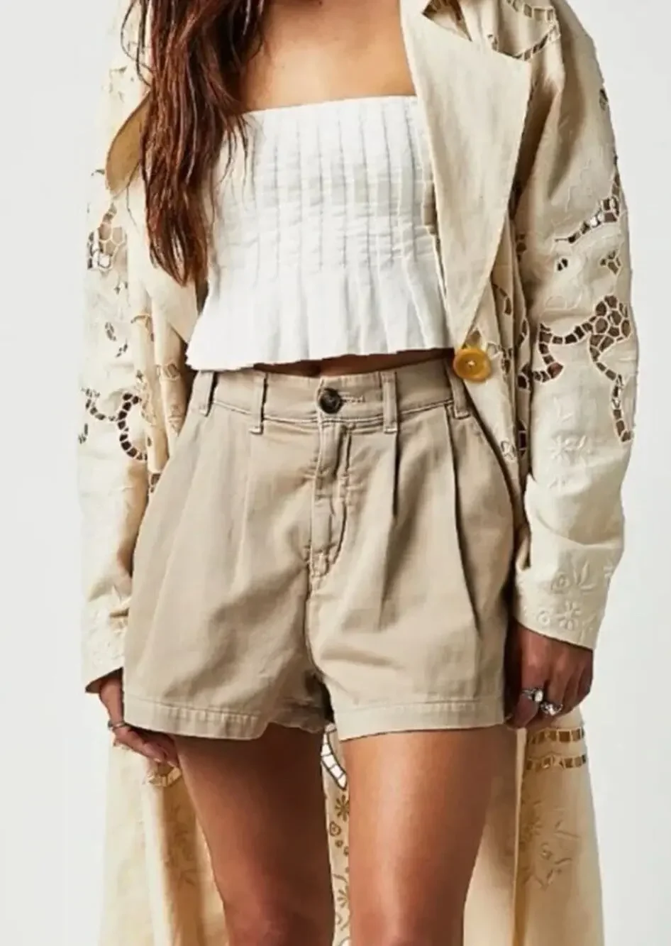Free People Billie Chino Shorts Almond Milk 14 Pleated Pockets Boho High Waist